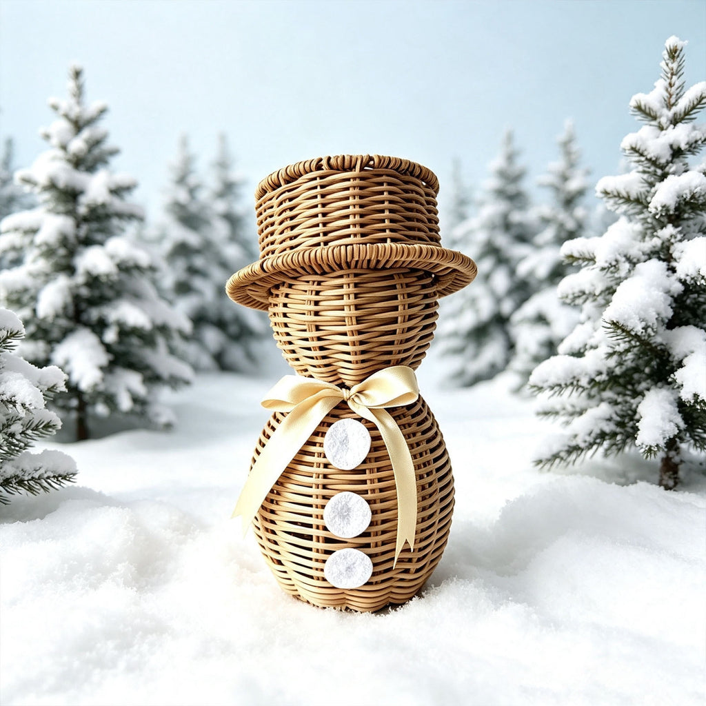FeiBiQiuBi 14.9" Resin Rattan Style Snowman, Rustic Snowman Decorations with Bow, Woven Natural Style Freestanding Design Winter Farmhouse Decor for Home Kitchen Garden, Holiday Table Mantel Decor