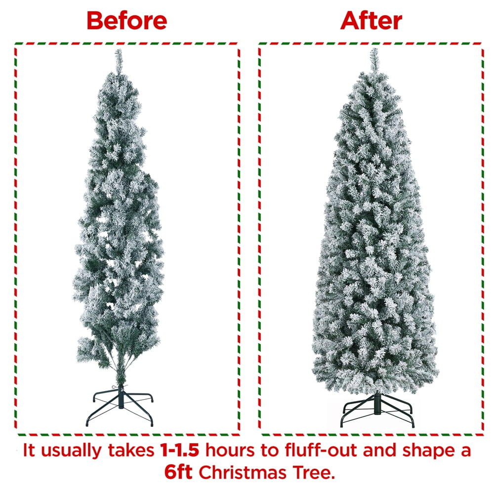 Renwick 6 Ft Snow Frosted Artificial Christmas Tree Holiday Decorative Tree with Pencil Shape Metal Stand, Green
