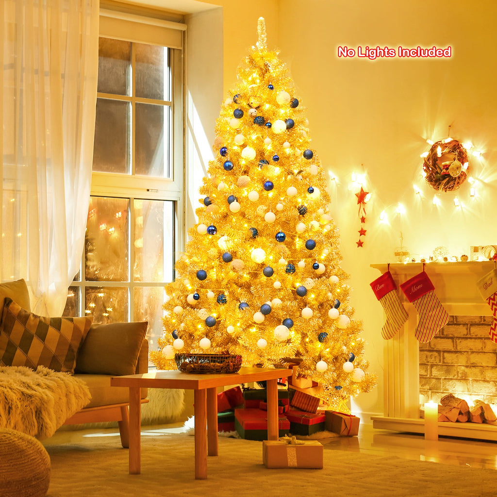 Gymax 7.5FT Tinsel Christmas Tree Artificial Hinged w/ Metal Stand Champagne Gold