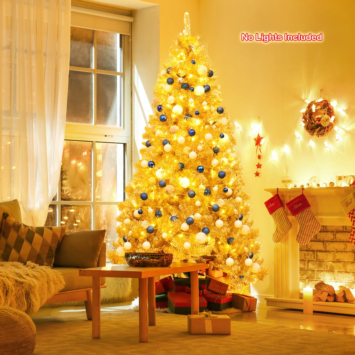 Gymax 7.5FT Tinsel Christmas Tree Artificial Hinged w/ Metal Stand Champagne Gold