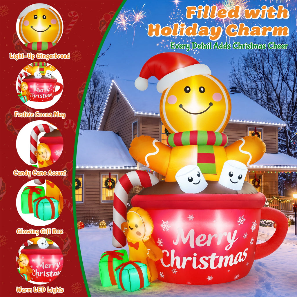 Yexmas 6FT Christmas Inflatable Gingerbread Man in Hot Cocoa Mug Blow Up Decor with LED Lights, Candy Cane, Marshmallows and Gift Box, for Yard, Lawn,Garden