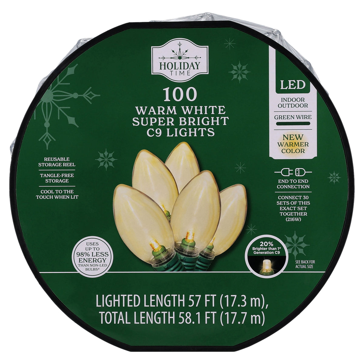 Indoor/Outdoor 100-Count LED Smooth C9 Christmas String Lights, Multicolor, Green Wire, 57', by Holiday Time