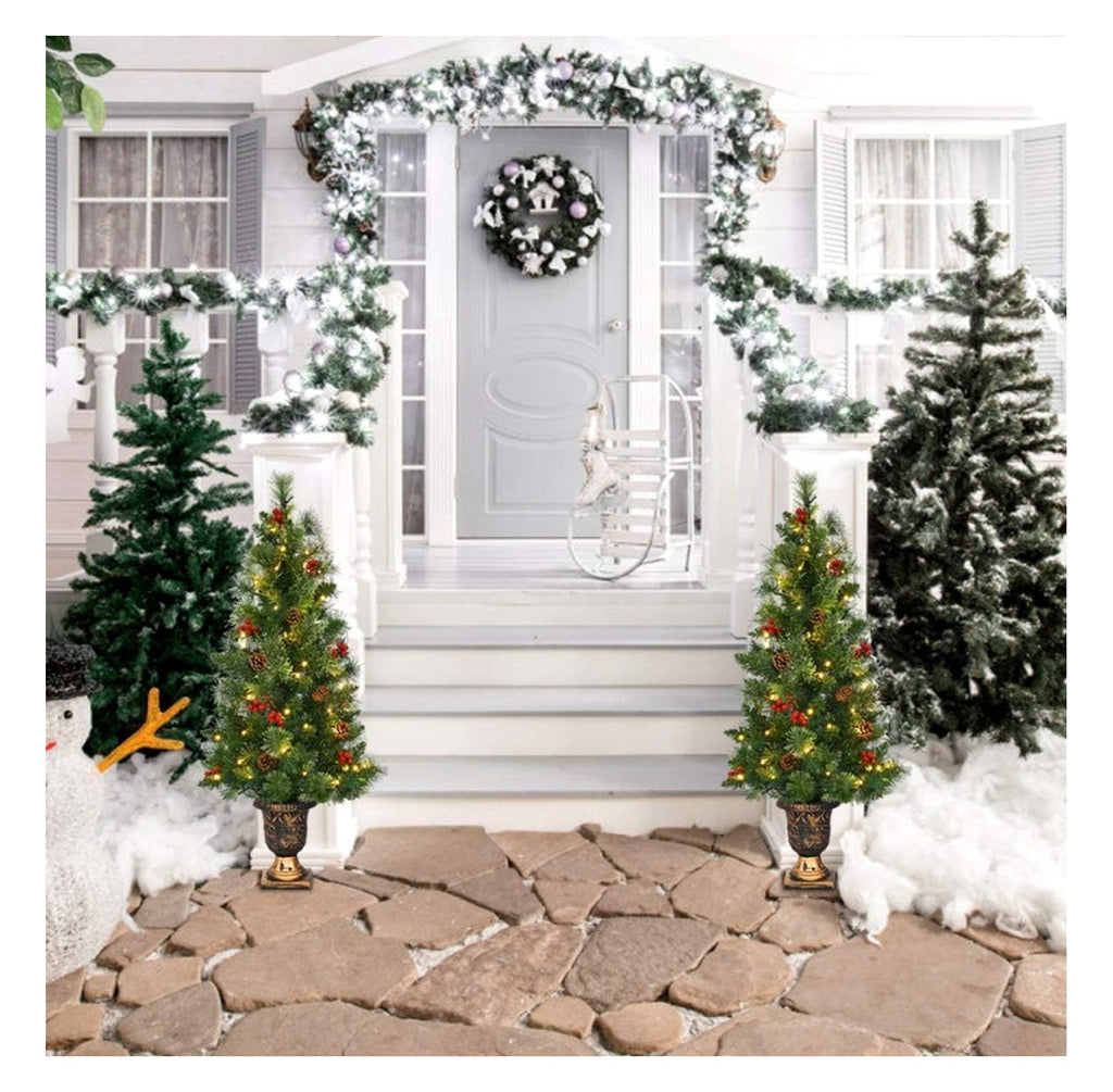 Ranyuaxu 3ft Prelit Pathway Christmas Tree with 40 LED Lights, Artificial Christmas Tree with Metal Stand, 100 Branch Tips, Pine Cones and Red Berries, Entrance Tree for Indoor and Outdoor Decoration