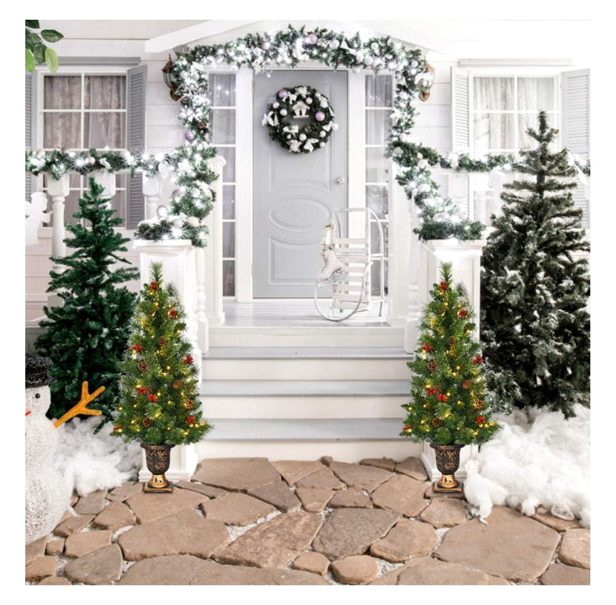 Ranyuaxu 3ft Prelit Pathway Christmas Tree with 40 LED Lights, Artificial Christmas Tree with Metal Stand, 100 Branch Tips, Pine Cones and Red Berries, Entrance Tree for Indoor and Outdoor Decoration