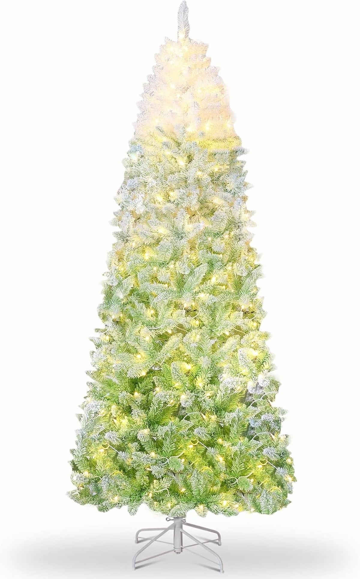 4.5/6/7.5/9 ft Flocked Pencil Christmas Tree with 100 Lights, Pre Lit Tall Skinny Christmas Tree with PVC Branch Tips, Premium Hinged Xmas Tree with Metal Base, Slim Artificial Christmas Tree