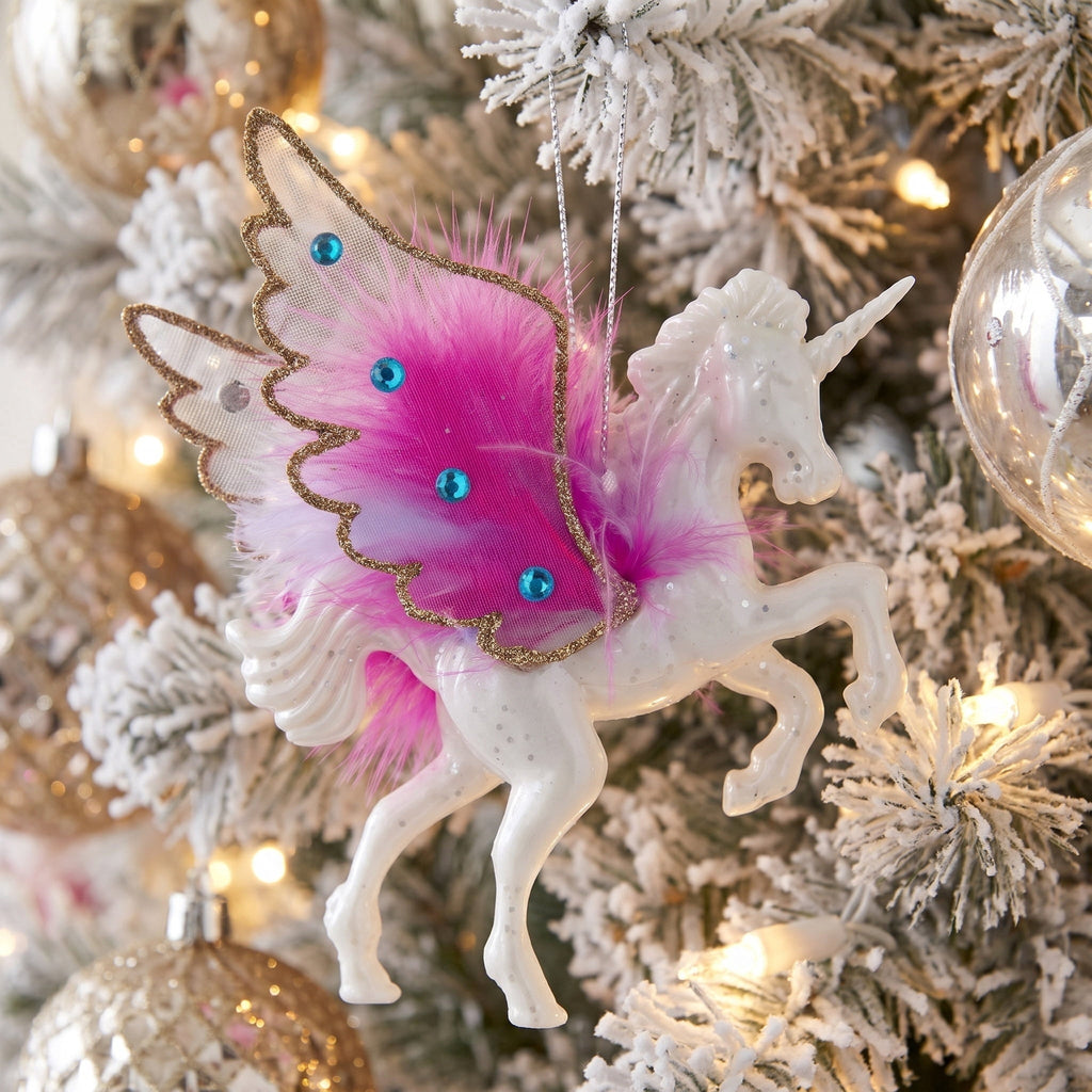 Pearl White/Pink/Gold Flying Unicorn with Fluffy Wings Christmas Ornament, 5.5", by Holiday Time