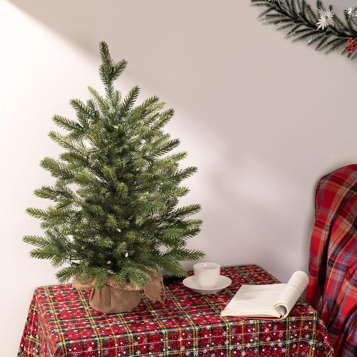 18"Pre-Lit 'Feel Real' Artificial Christmas Tree, Fir Christmas Tree, Premium Xmas Tree for Home, Office, Party Decoration, Includes Burlap Bag Base, Green, with warm light