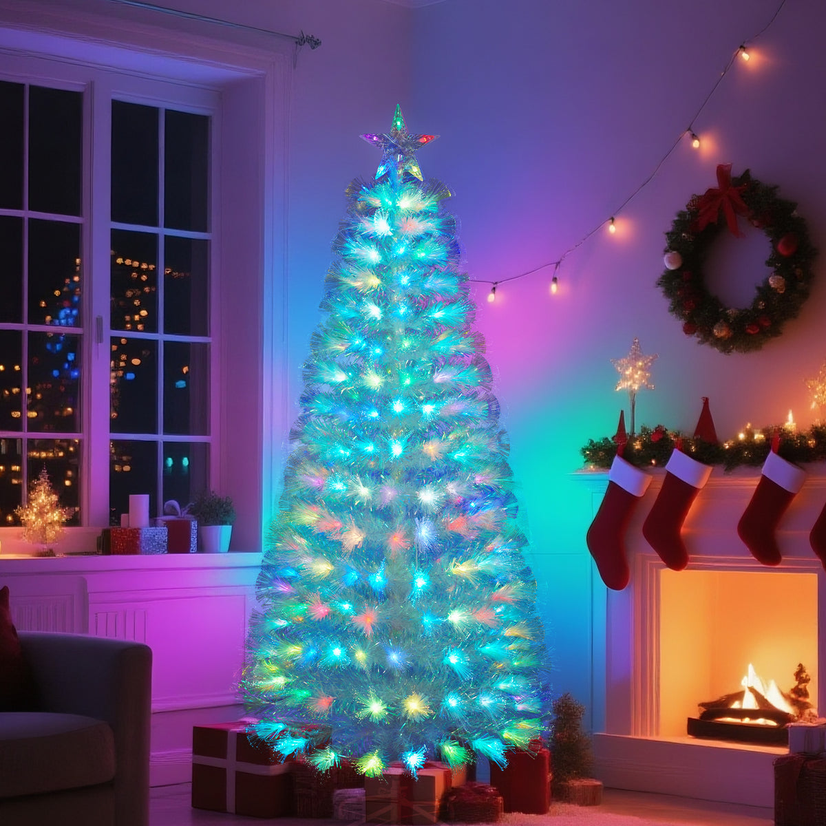 Vowella 6ft Fiber Optic Christmas Tree, Pre-Lit White Tree with Color Changing Lights & Star Topper & Sturdy Base for Home & Party