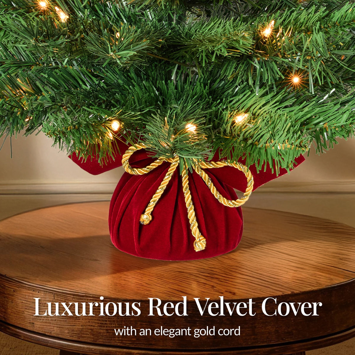 Best Choice Products Pre-Lit 24inch Tabletop Christmas Tree, Small Holiday Artificial Desktop Decor w/Warm White Lights, Red Velvet Cover