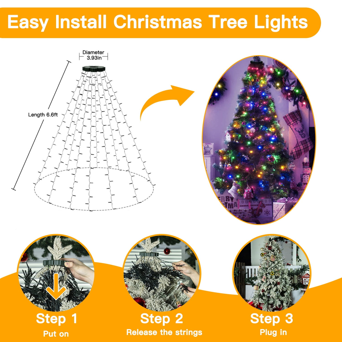 Ollny Christmas Tree Lights with Ring, 8 Modes & 3 Timers Cascading Twinkle Lights for Christmas Tree, 200 LED 6.6FT*10 Lines Waterfall Lights for Indoor Outdoor Xmas Decoration (Warm White)