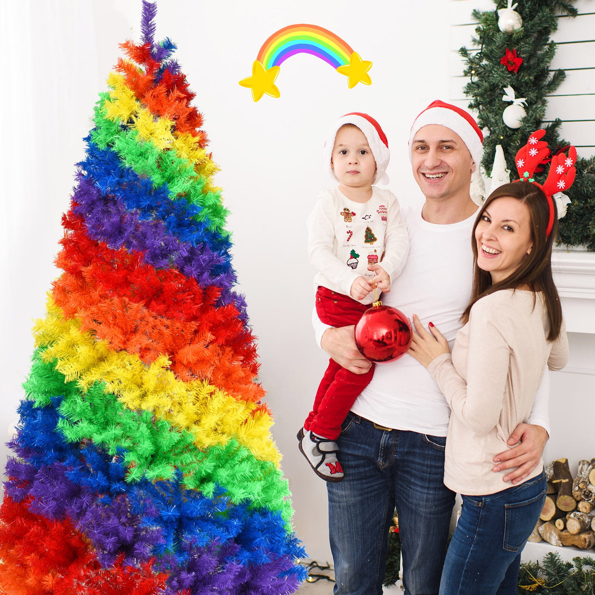 Gymax 7 ft Colorful Rainbow Hinged Christmas Tree Holiday Decor w/ Metal Stand