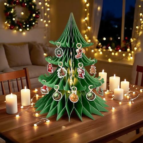 Paper Christmas Tree Honeycomb, Large Christmas Tree with Ornaments Christmas Centerpieces for Tables Home Office Classroom Party Decor