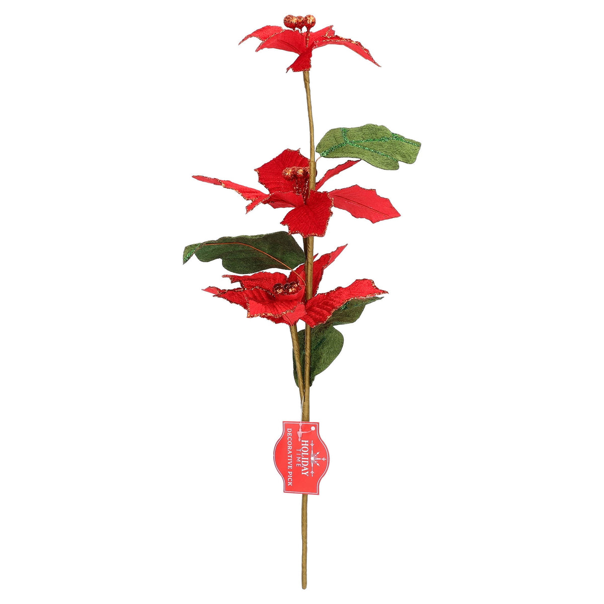 Red and Green Glitter Poinsettia Decorative Christmas Pick, 18", by Holiday Time