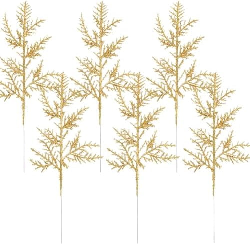 24 Pcs Gold Artificial Leaves Glitter Pine Branches Xmas Pine Needles Floral Spray Picks Fake Pine Stems Golden Christmas Tree Decorations for Party