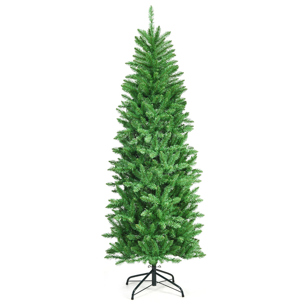 Costway 6Ft Pre-lit Artificial Pencil Christmas Tree Hinged Fir PVC Tree with 250 LED Lights