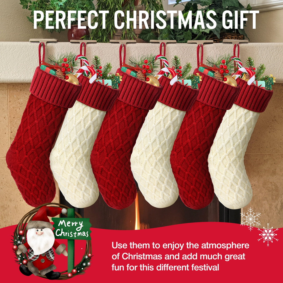 Ayieyill 6pcs Christmas Stockings Large Knitted Xmas Stockings 18 Inches Fireplace Hanging Stockings for Family Holiday Christmas Decoration