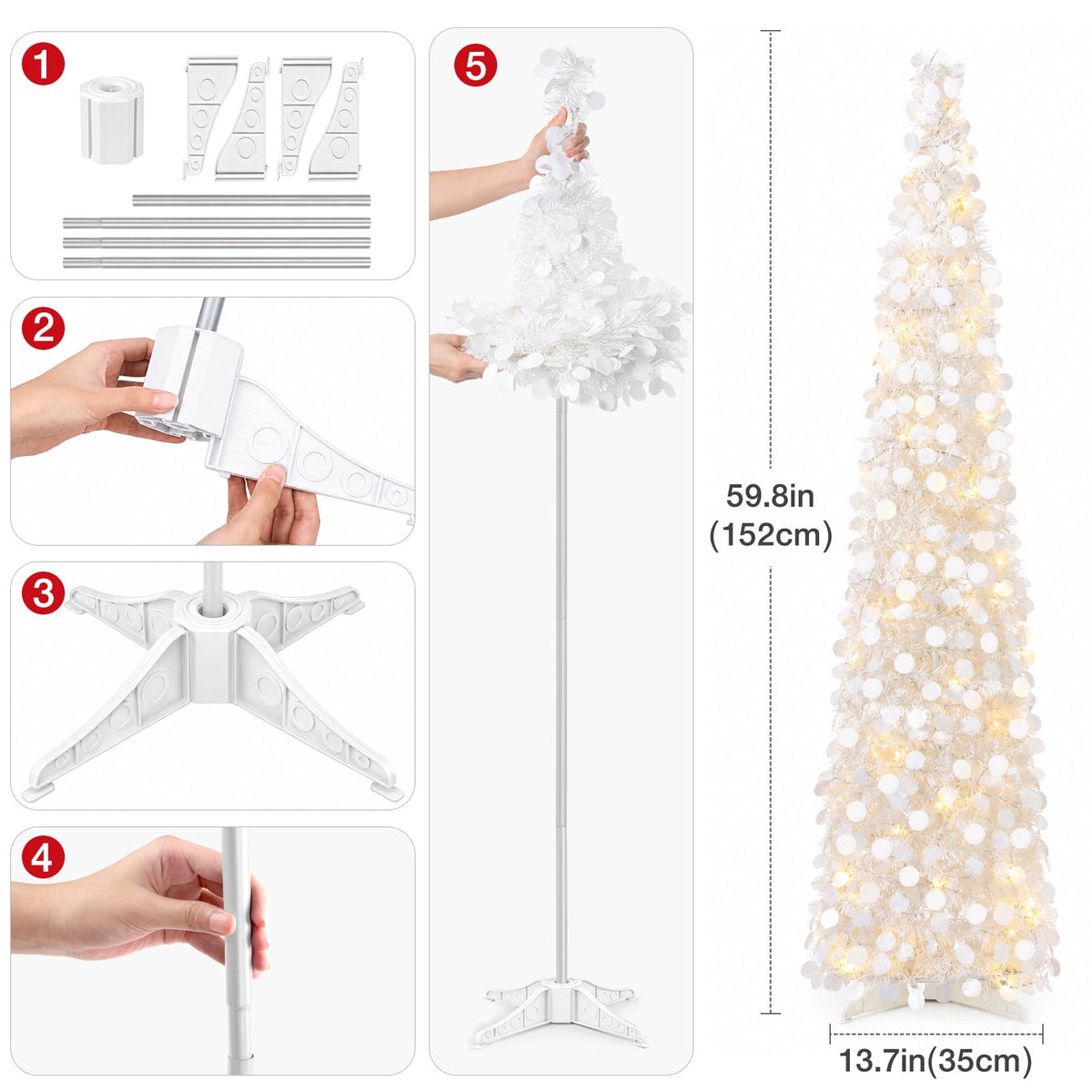 Ayieyill 5ft Pop up Christmas Tree,Color Artificial Pencil Tinsel Xmas Trees for Christmas Indoor Decorations, Collapsible Christmas Tree (Silver)