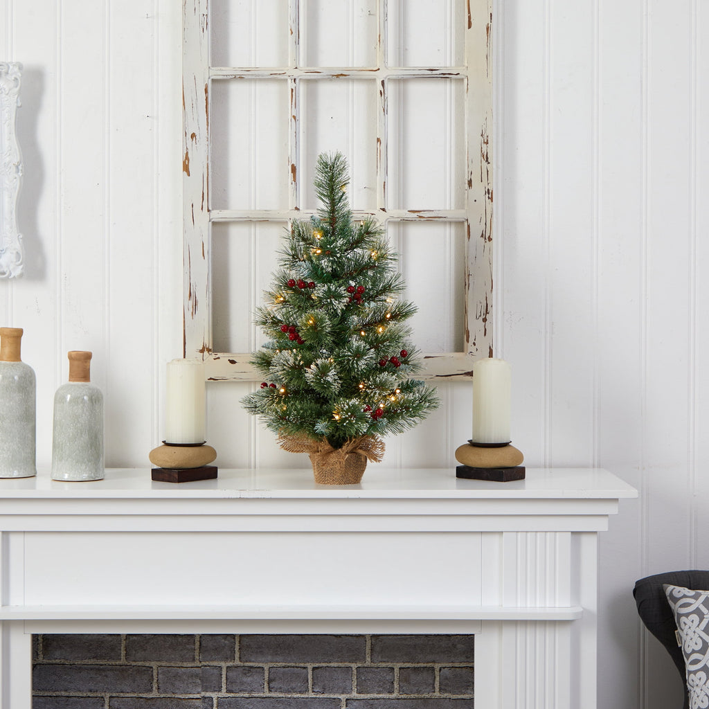 Nearly Natural 2ft. Snow Tipped Pine and Berry Artificial Christmas Tree with 35 Warm White LED Lights in Burlap Base