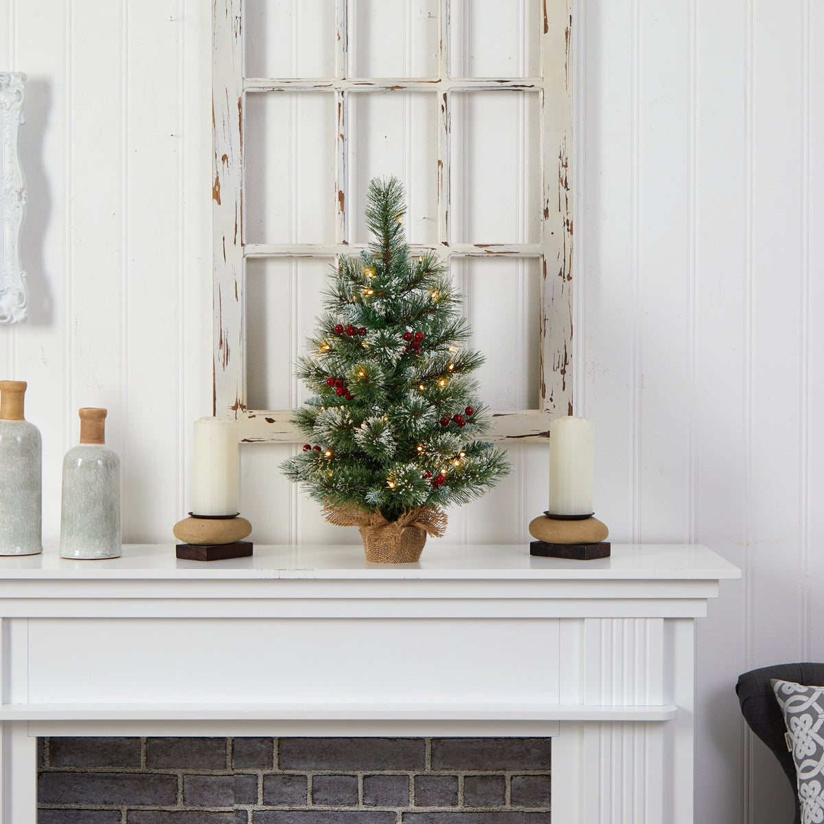 Nearly Natural 2ft. Snow Tipped Pine and Berry Artificial Christmas Tree with 35 Warm White LED Lights in Burlap Base