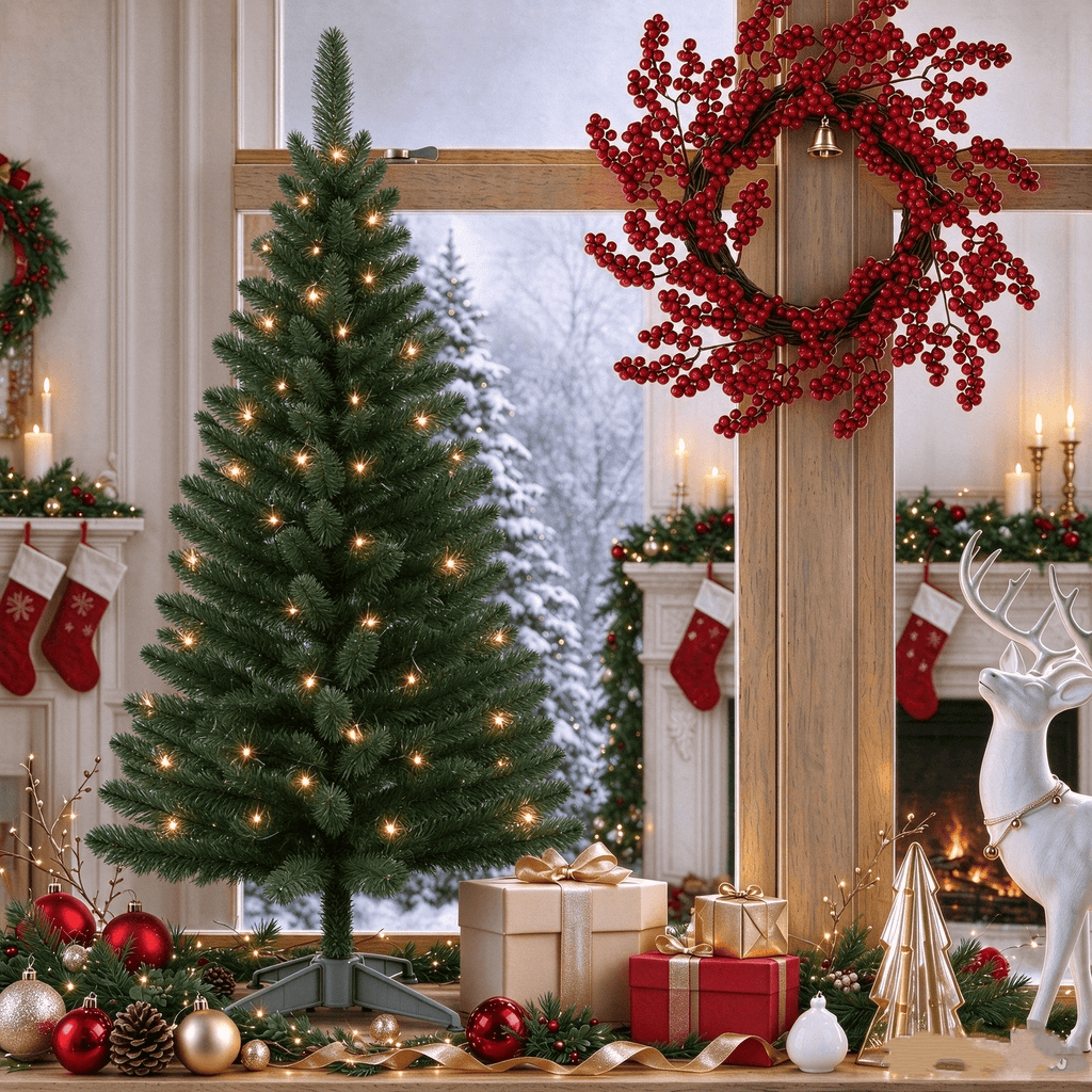 Cowin 4ft Artificial Christmas Tree,Pre-lit Tinsel Pine Spruce Tree, Small Xmas Tree for Home, Office and Party,White