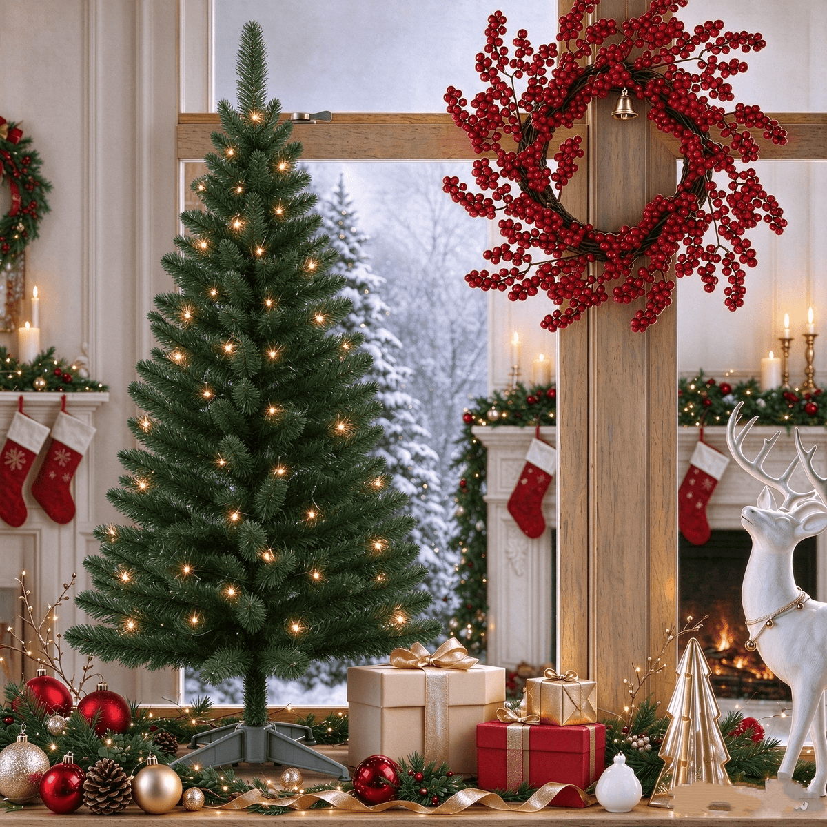 Cowin 4ft Artificial Christmas Tree,Pre-lit Tinsel Pine Spruce Tree, Small Xmas Tree for Home, Office and Party,White