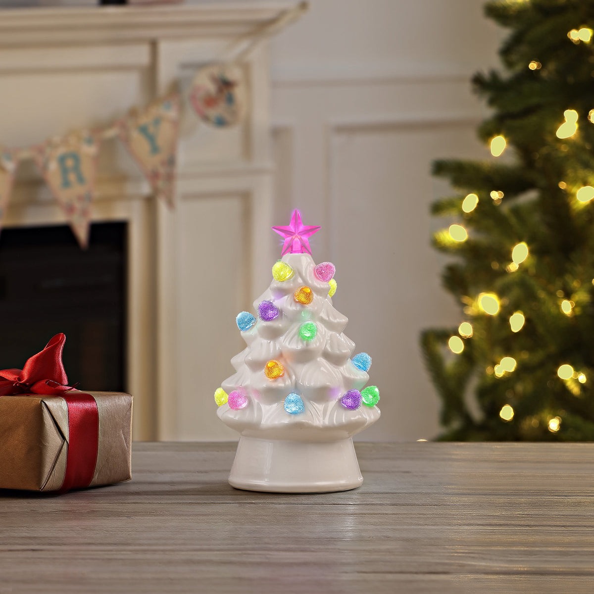 Mr. Christmas Decorative 8-inch Nostalgic White Ceramic Tree with Gumdrop Bulbs