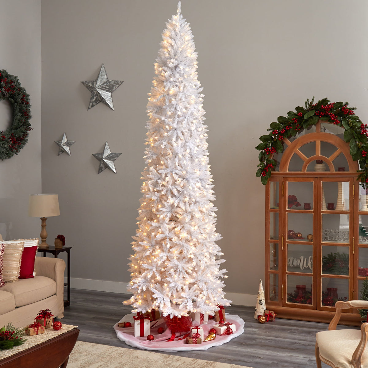 Nearly Natural 3' White Slim Artificial Christmas Tree Prelit 50 Warm White LED Lights