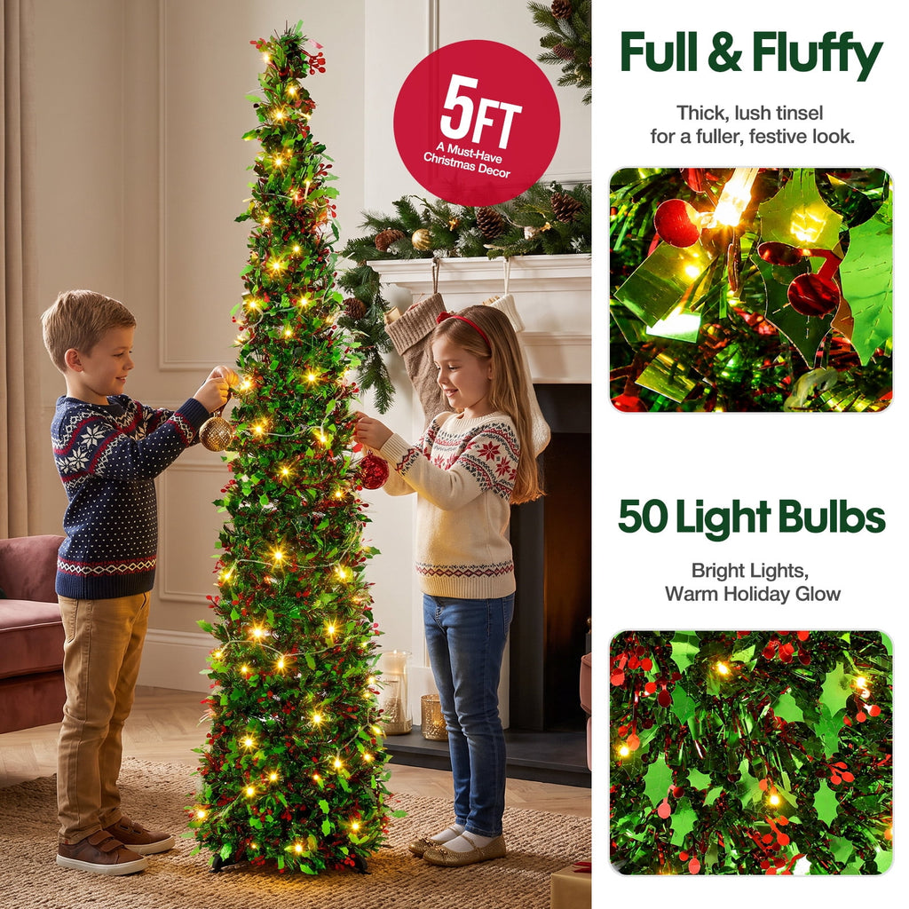 Ayieyill 5ft Pencil Christmas Tree, Collapsible Xmas Tree with Lights, Pop Up Tinsel Tree for Christmas Decorations Indoor, Pink White