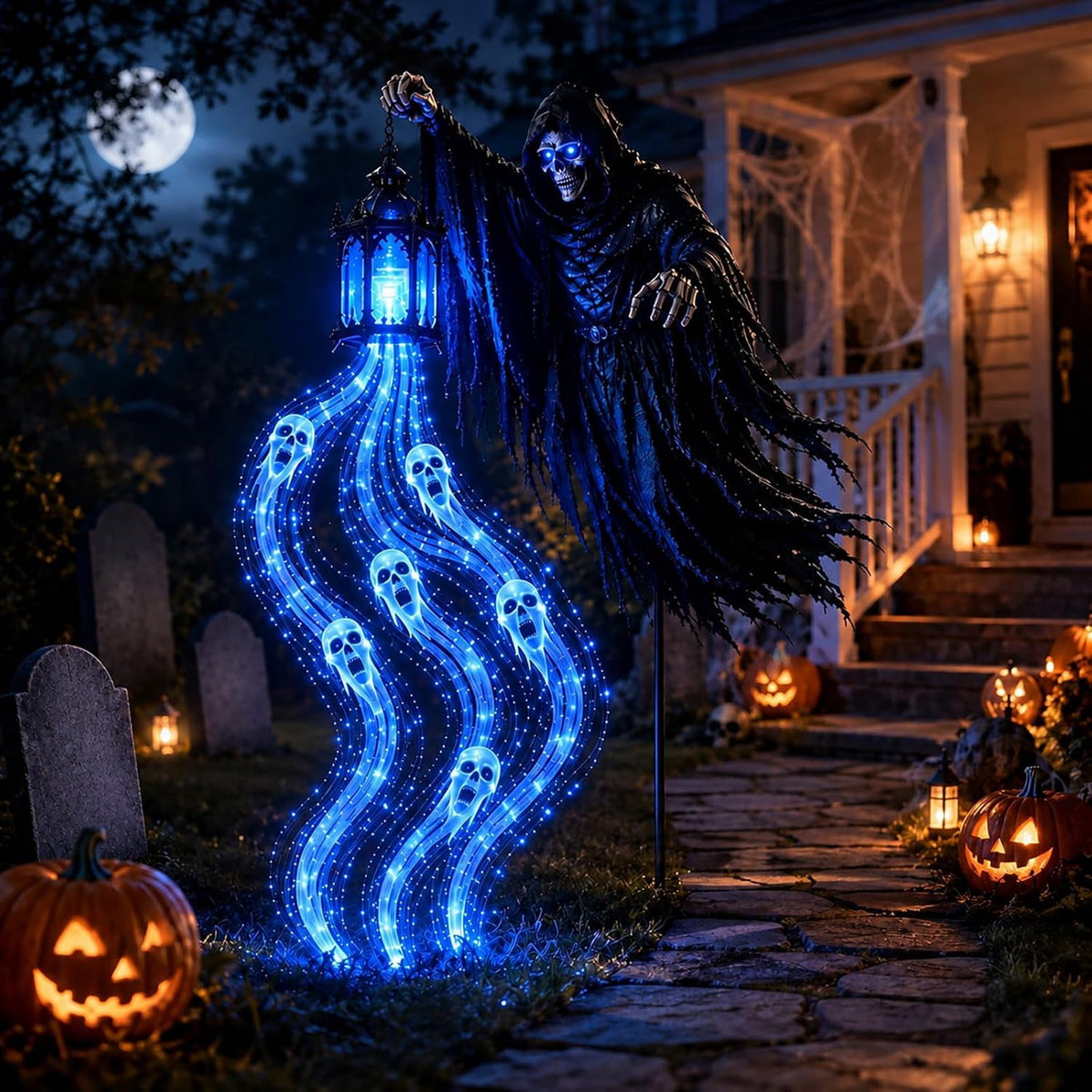 1PC Halloween Soul Harvester Iron Garden Stake Light Halloween Decor, 31.5 Inch Grim Reaper Figurine with Glowing Gothic Silhouette, Solar Powered Waterproof Outdoor Lamp for Yard and Patio