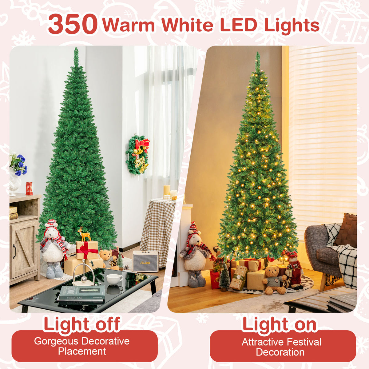 Topbuy 6.5ft Pencil Christmas Tree Pre-Lit Hinged Artificial Decoration w/ 250 Warm White Lights