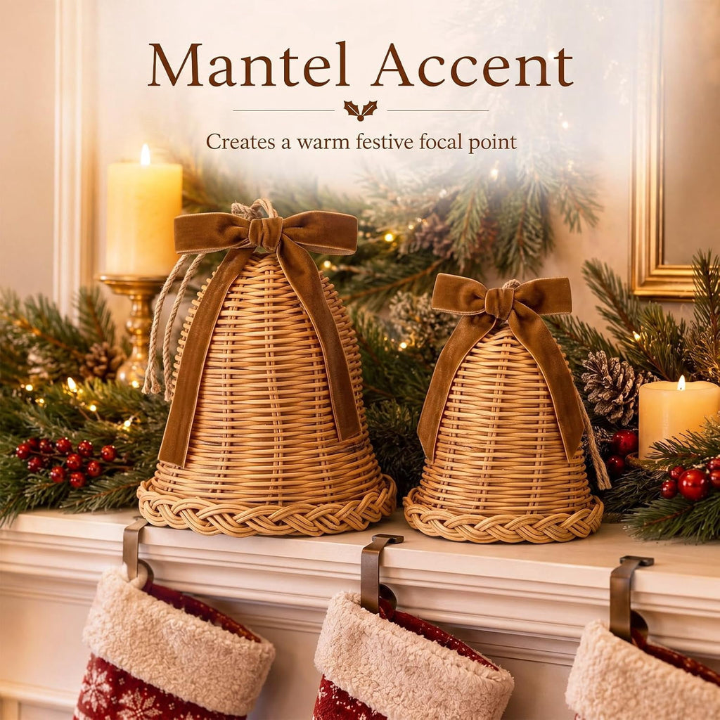 2 Pcs Woven Rattan Christmas Bells with Velvet Bows