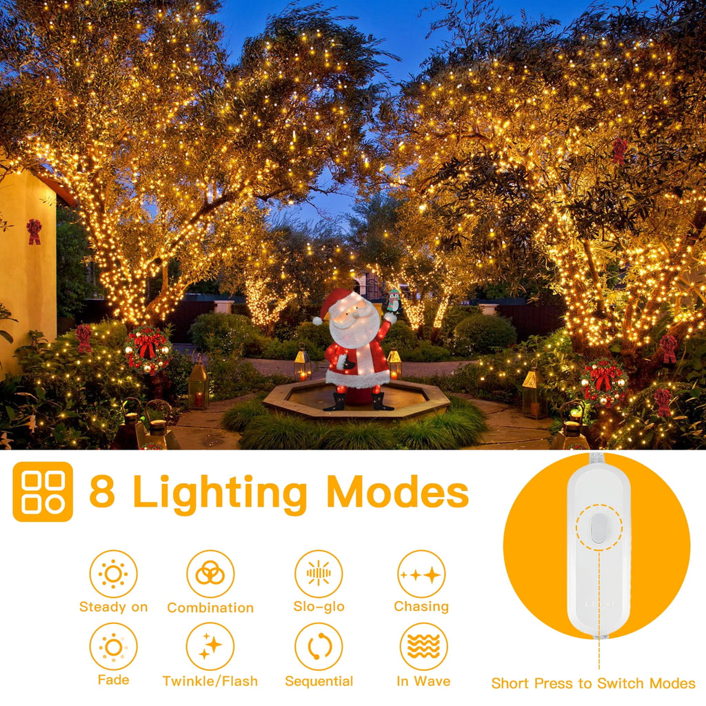 Ollny 66ft 200 LED Christmas String Lights, 8 Lighting Modes 3 Timing Waterproof Indoor Outdoor Christmas Lights for Party Garden Holiday, Warm-white