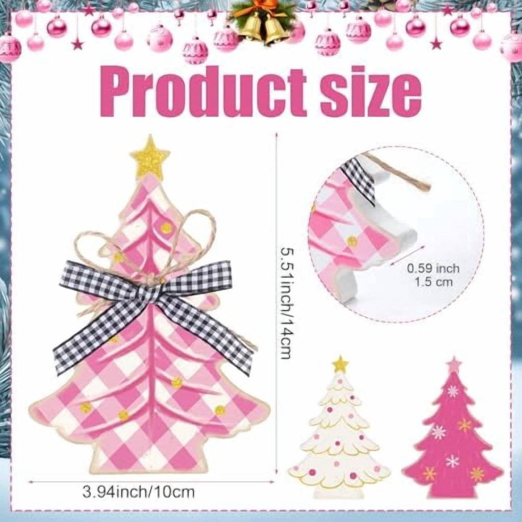 3 Piece Pink Wooden Christmas Tree Tabletop Decorations Rustic Farmhouse Holiday Centerpieces