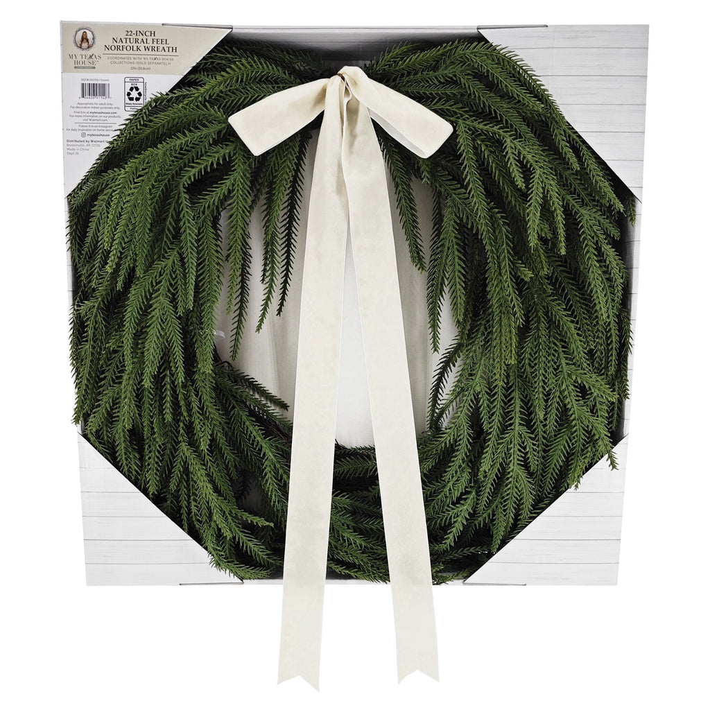 My Texas House Natural Feel Norfolk Artificial Christmas Wreath with Bow, Green, 22"