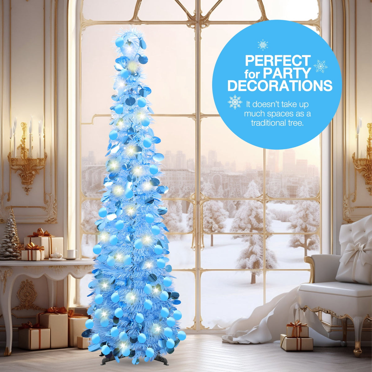 Ayieyill 5ft Pencil Christmas Tree, Collapsible Xmas Tree with Lights, Pop Up Tinsel Tree for Christmas Decorations Indoor, Pink White