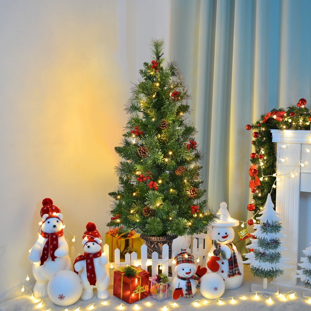 Costway 4ft Pre-Lit Christmas Entrance Tree In Urn w/ 60 LED Light Red Berries Pine Cone