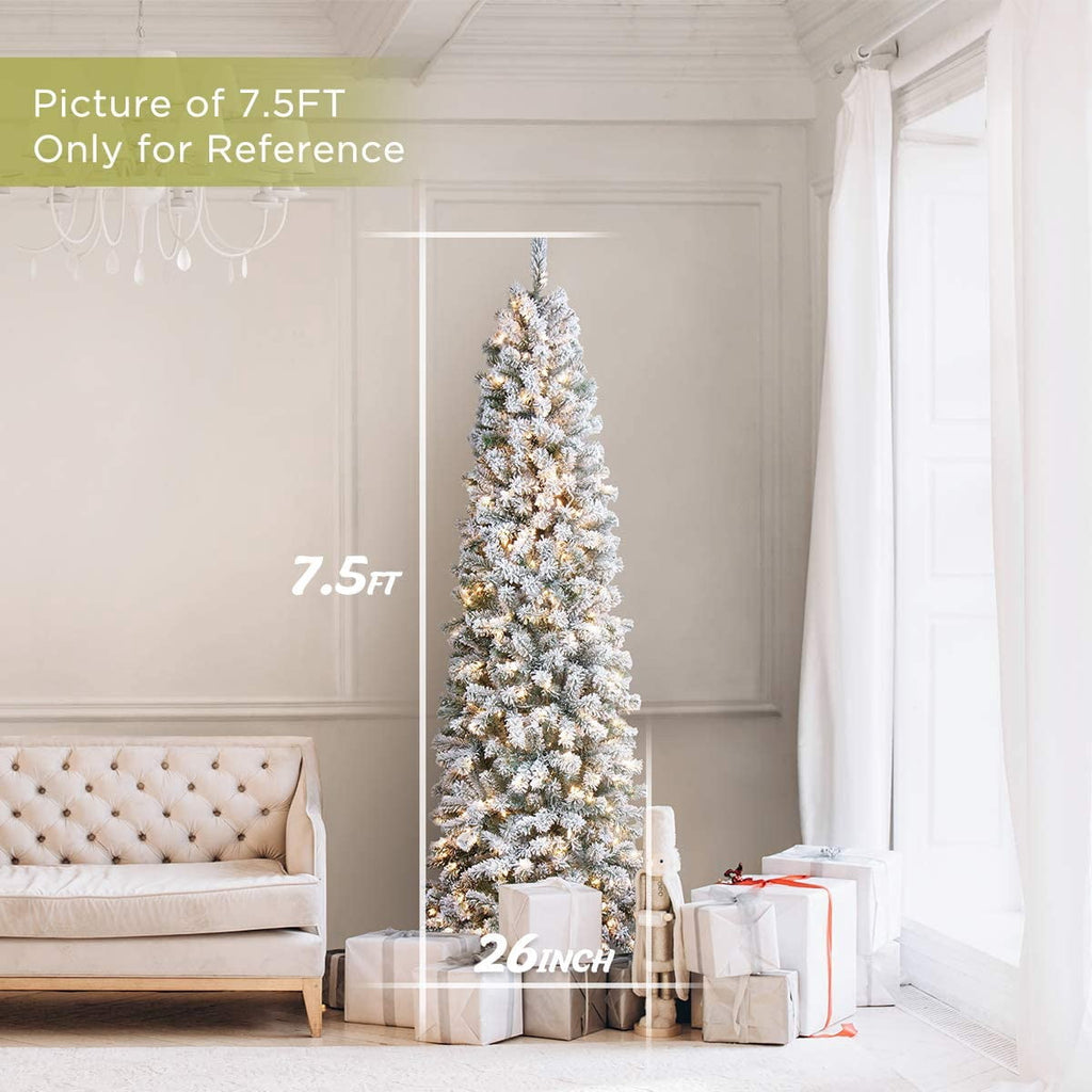 OasisCraft 9ft Pre-Lit Snow Flocked Artificial Pencil Christmas Tree with 450 Clear Lights, Hinged Snowy Slim Xmas Tree Outdoor for Festive Holiday Decor