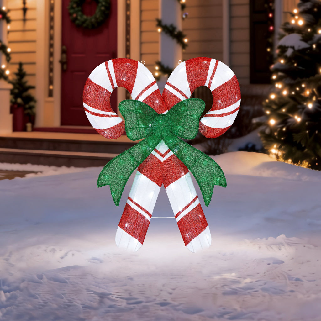 Indoor/Outdoor Light-Up Tinsel Candy Cane Christmas Decoration with 60 Twinkling LED Lights, Warm White, 36", by Holiday Time