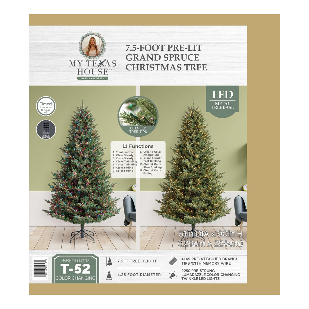 My Texas House 9' Pre-Lit Grand Spruce Green Artificial Christmas Tree with LumaDazzle Color-Changing Twinkle LED Lights, Quick Set, and Stand