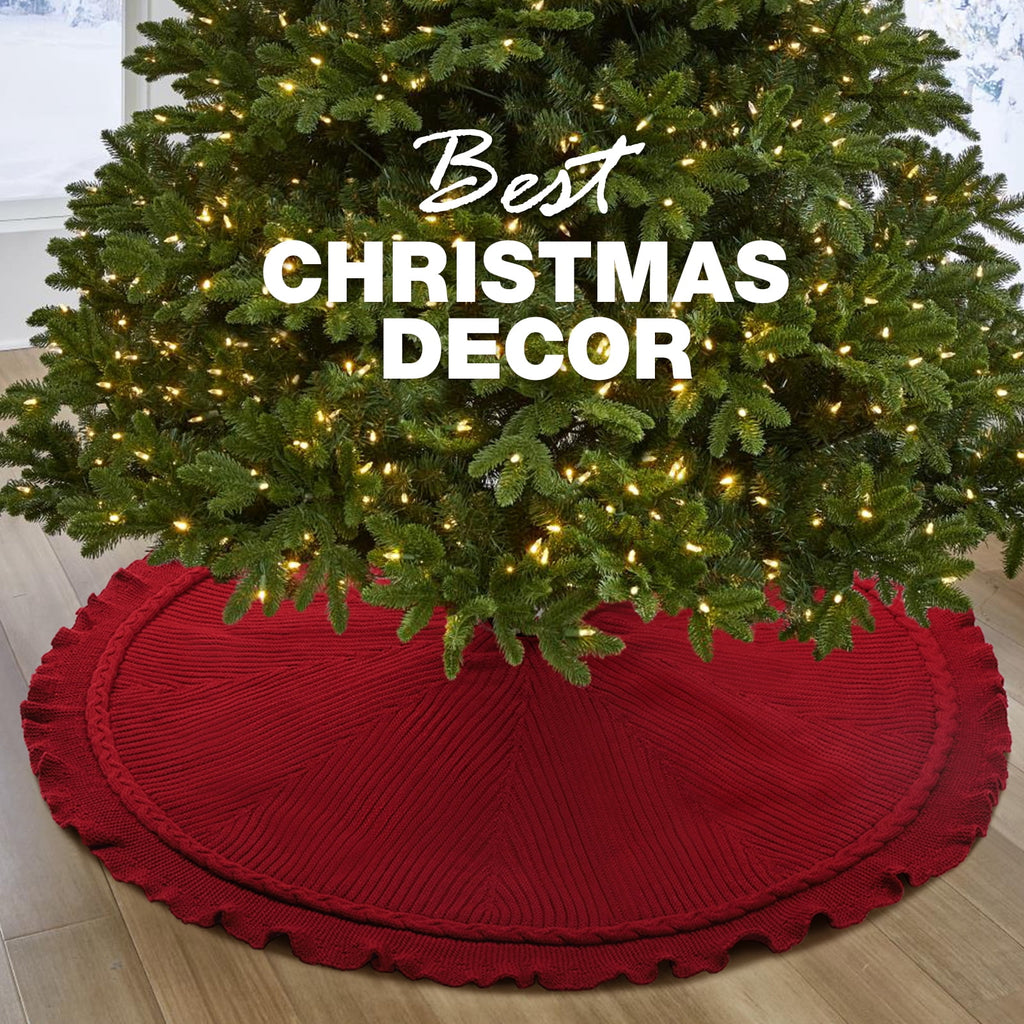 Ayieyill Christmas Tree Skirt, 48 inches Cable Knit Knitted Thick Rustic Xmas Tree Skirts Decoration, Red Tree Skirt Christmas Decoration, Burgundy