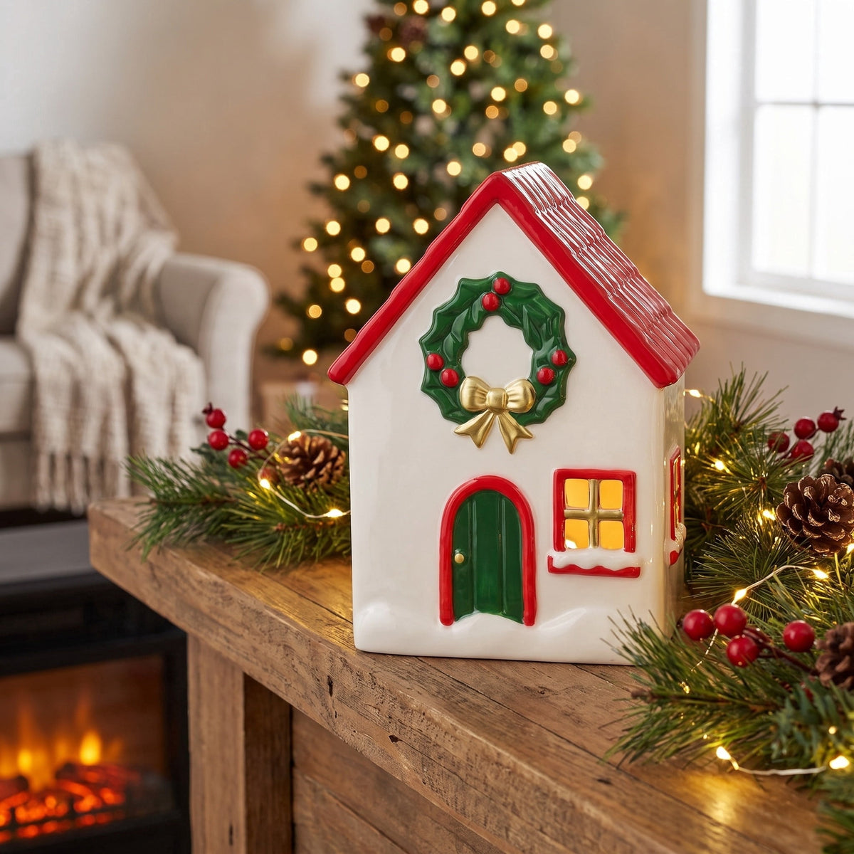 Ceramic House with Wreath Christmas Decoration, Red/White/Green, 8", by Holiday Time