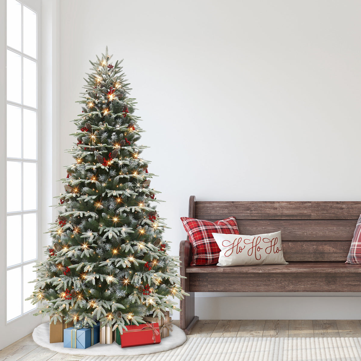4.5 ft Pre-lit Flocked Halifax Fir Tree 250 Clear Incandescent Lights