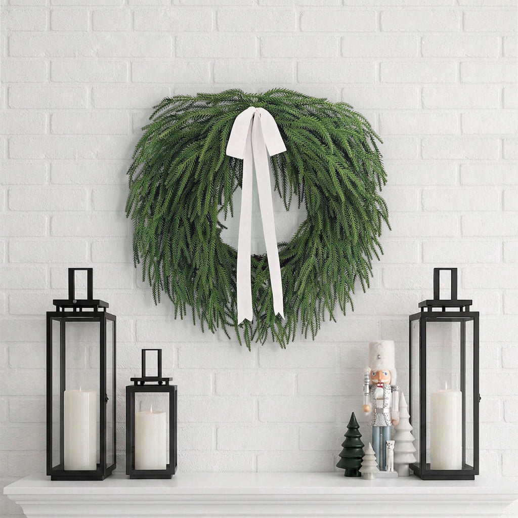 My Texas House Natural Feel Norfolk Artificial Christmas Wreath with Bow, Green, 22"