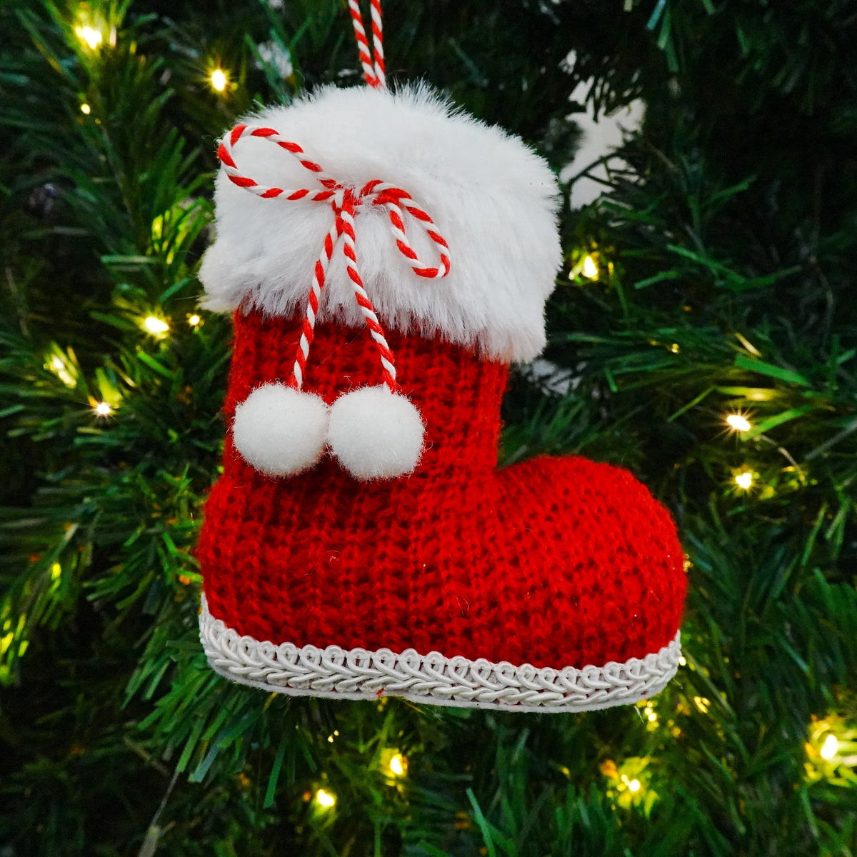 Red and White Knitted Santa Boot Christmas Ornament, 4", by Holiday Time