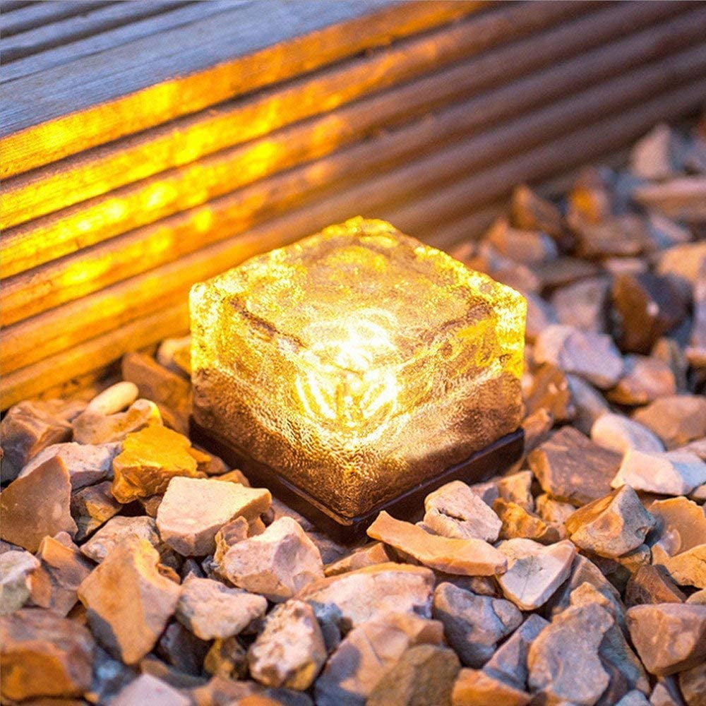 Solar Brick Lights - Outdoor Waterproof Ice Cube Lights for Garden Pathway, Christmas Festival Decorative Rock Cube Lights (4 Pack, Warm White)