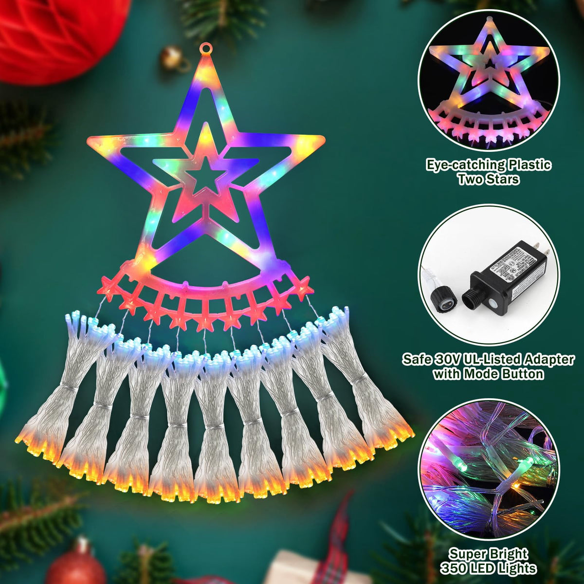 New Outdoor Christmas Decoration Lights Plug-in 8 Modes & 350 LED Christmas String Waterfall Fairy Tree Lights Indoor Outdoor Holiday Lighting Decorations, Multicolor