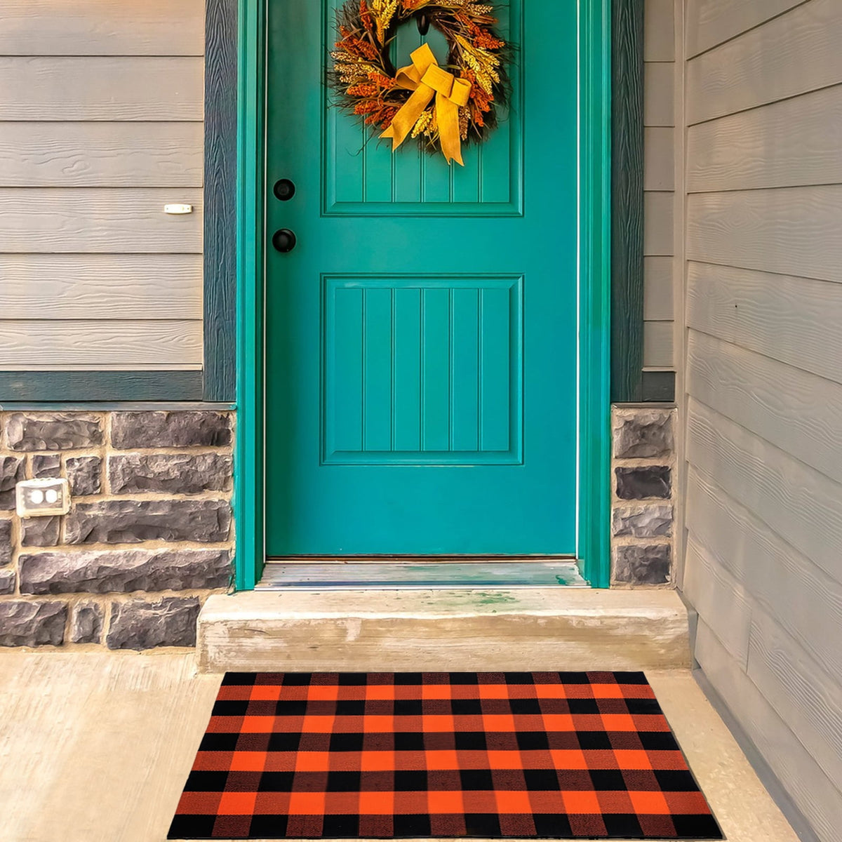 euoloart Buffalo Plaid Orange Black Doormat, 27.5x43 inch Washable Outdoor Mat for Front Porch Entryway