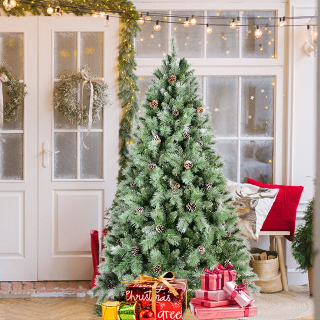 8FT PVC Artificial Christmas Tree White Needles Pine Cones Decor Premium Xmas Tree with 1858 Branch Tips Easy Assemble and Foldable Holiday Xmas Ornaments with Stand for Home Office Party Decoration