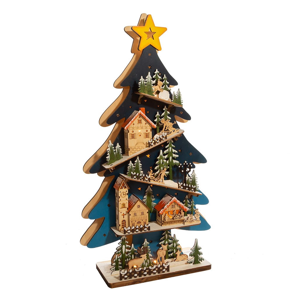 Kurt Adler Battery-Operated LED-Lit Wooden Christmas Tree with Village, 23.5" - Free-Standing Holiday Decoration