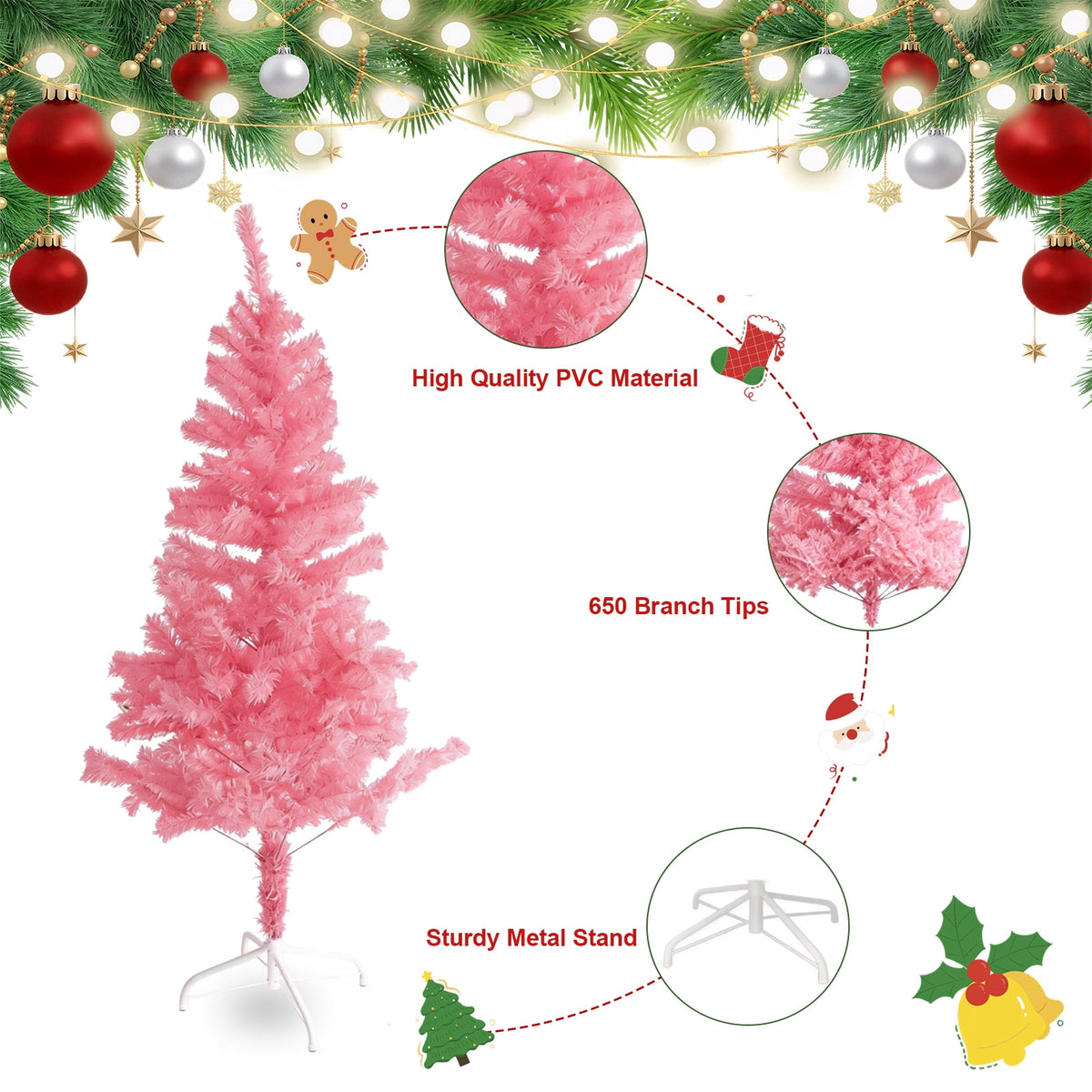 AGCAN Artificial Christmas Tree, 5ft Unlit Christmas Pine Tree with 350 Branch Tips, Xmas Tree with Metal Stand for Indoor Home Office Decor, Green